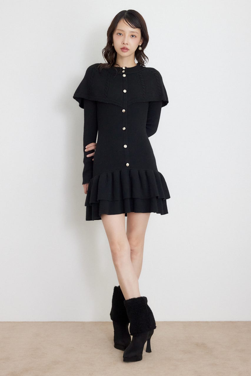 ケープデザインフリルミニニットワンピース BLK FREE