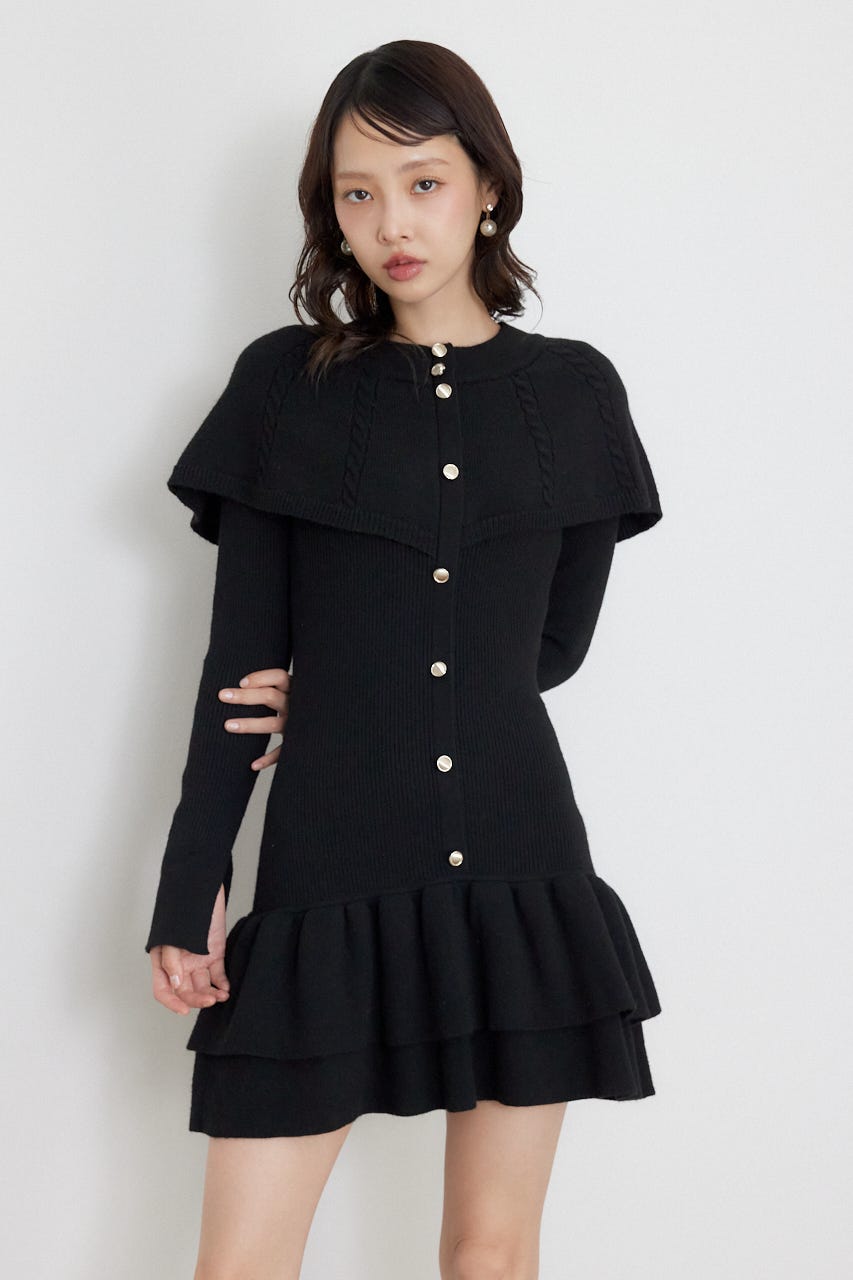 ケープデザインフリルミニニットワンピース BLK FREE