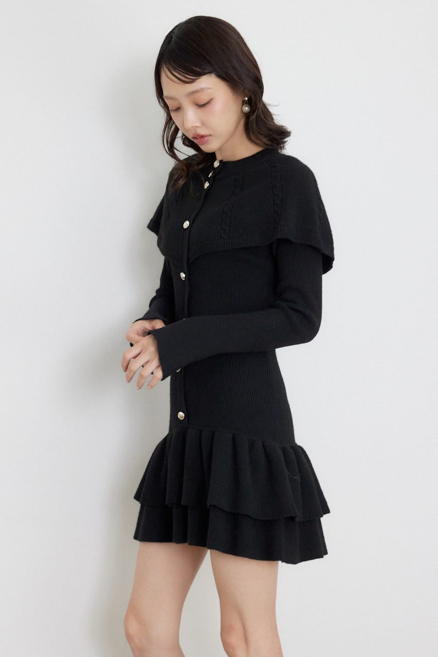 ケープデザインフリルミニニットワンピース BLK FREE