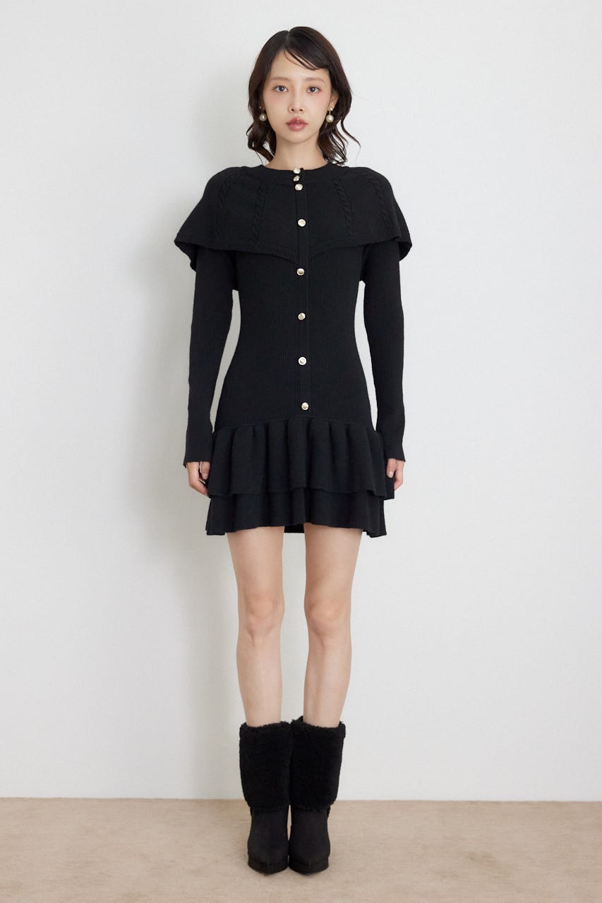 ケープデザインフリルミニニットワンピース BLK FREE