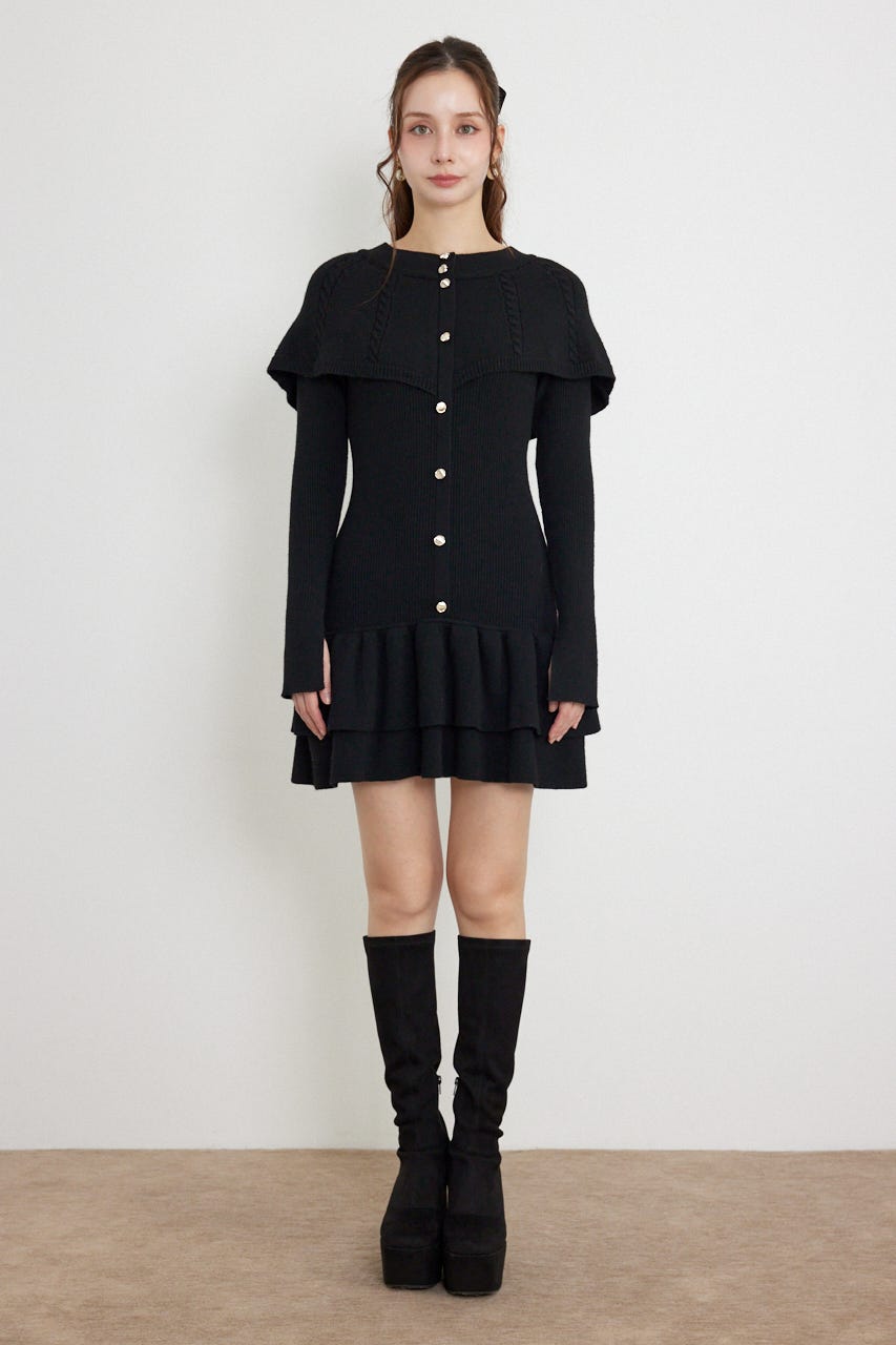 ケープデザインフリルミニニットワンピース BLK FREE