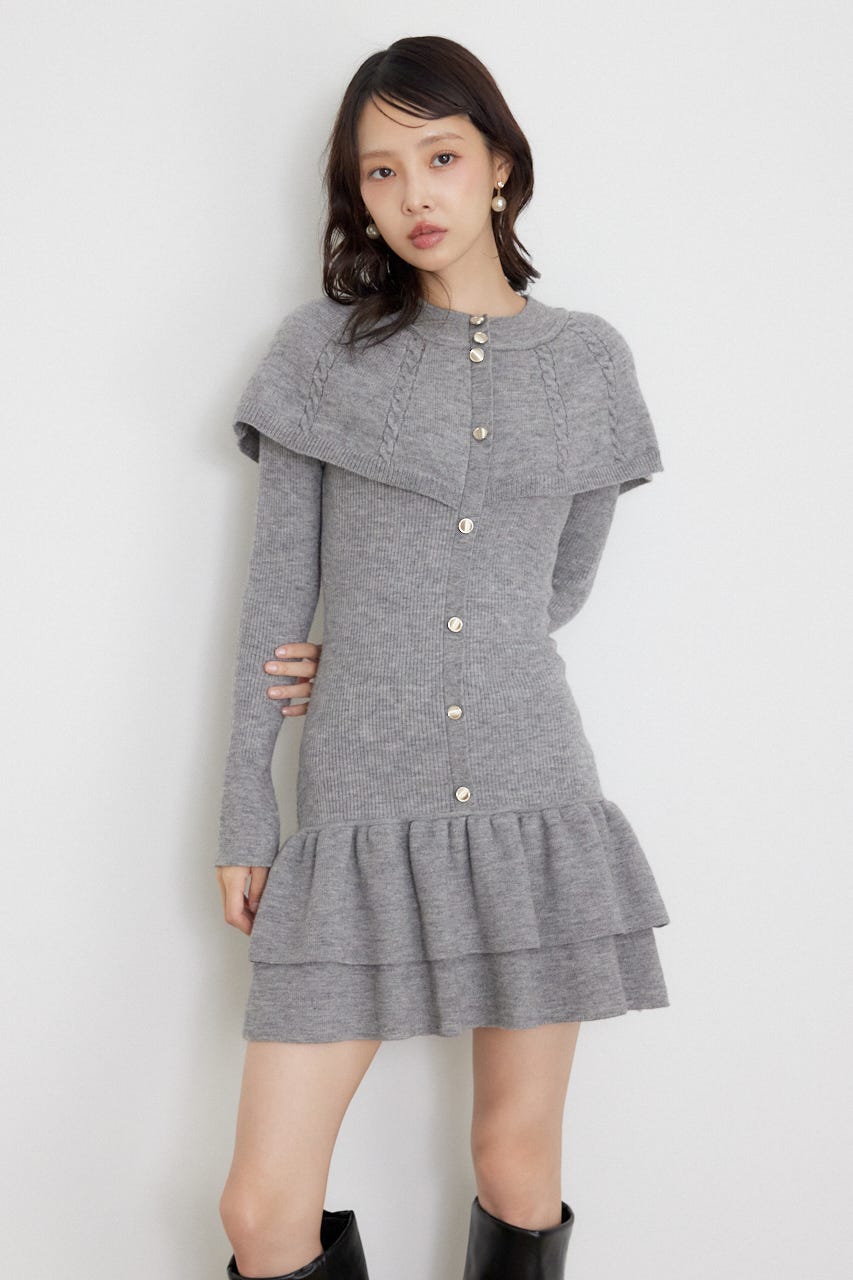 ケープデザインフリルミニニットワンピース GRY FREE