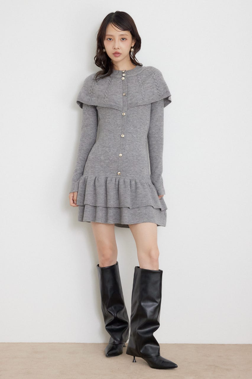 ケープデザインフリルミニニットワンピース GRY FREE