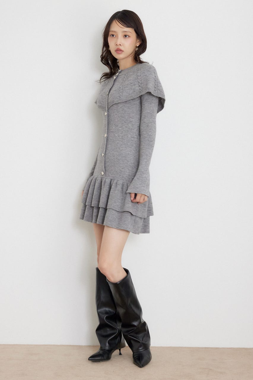 ケープデザインフリルミニニットワンピース GRY FREE