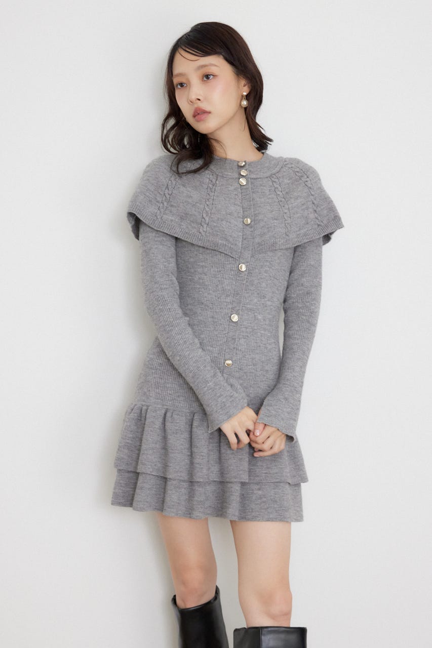 ケープデザインフリルミニニットワンピース GRY FREE