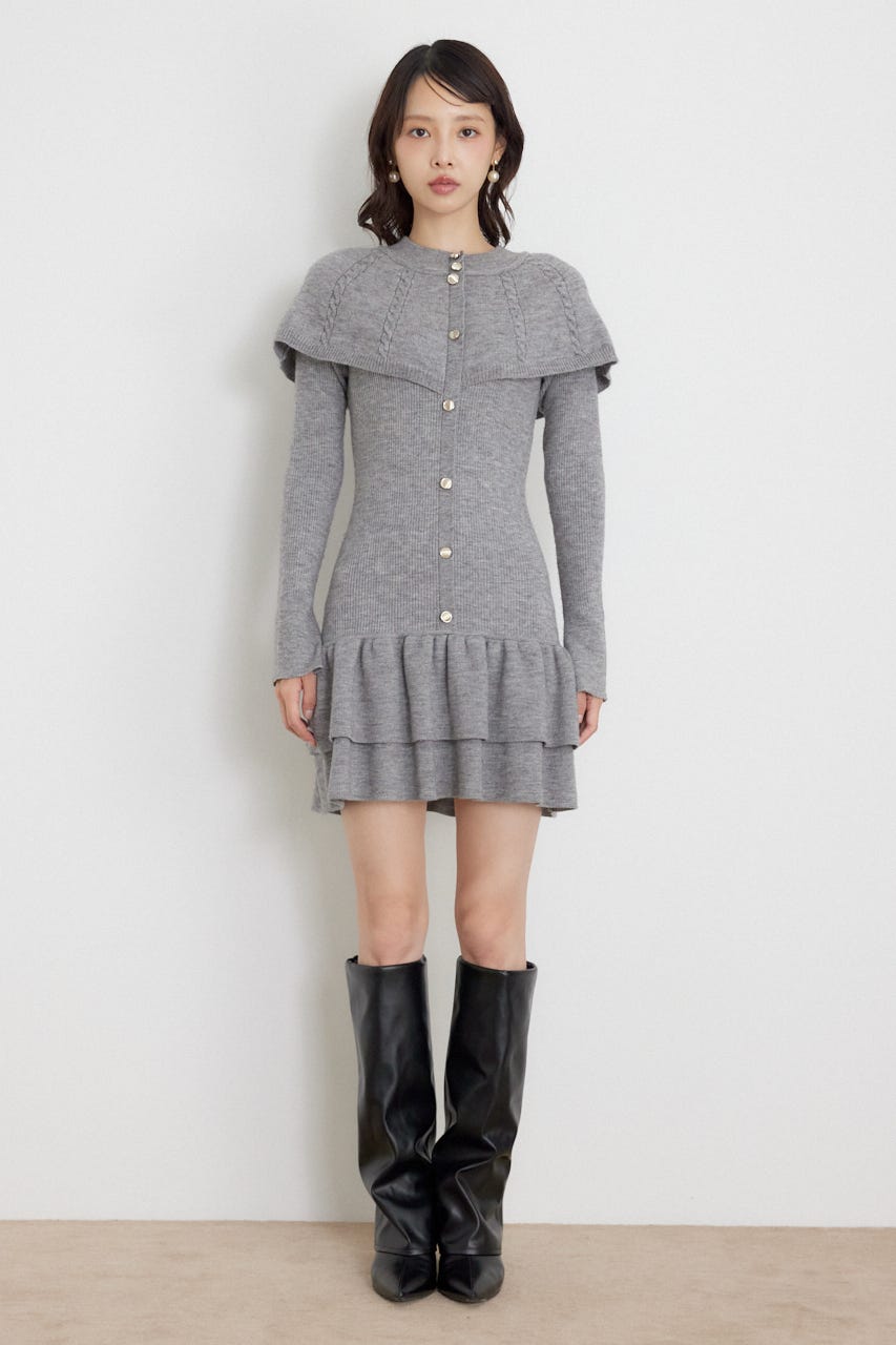 ケープデザインフリルミニニットワンピース GRY FREE