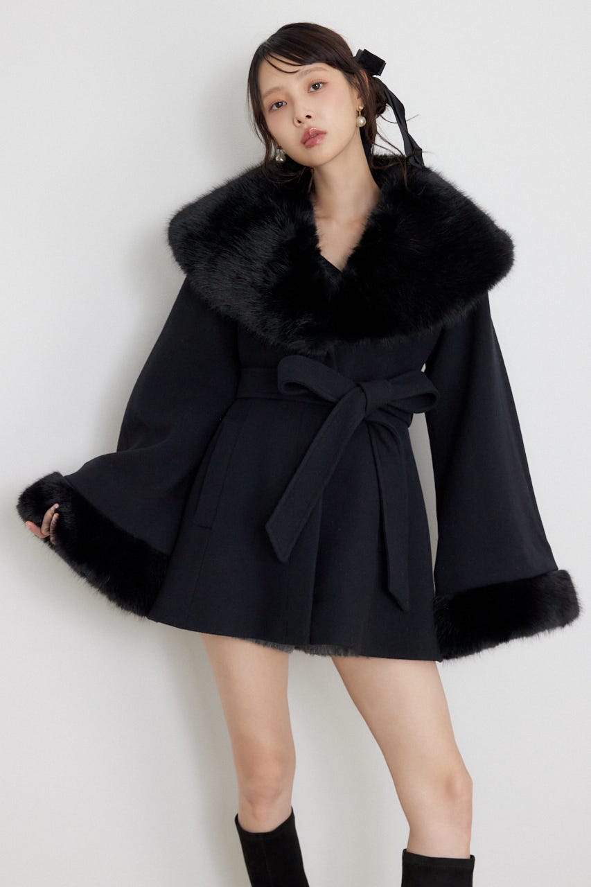 ポンチョ風ウールミニコート BLK M