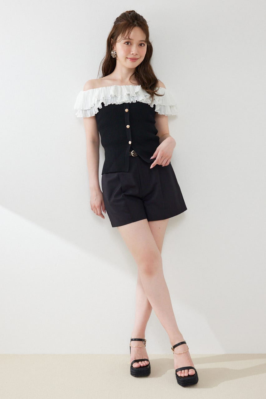 ベルト付きピンタックショートパンツ BLK S