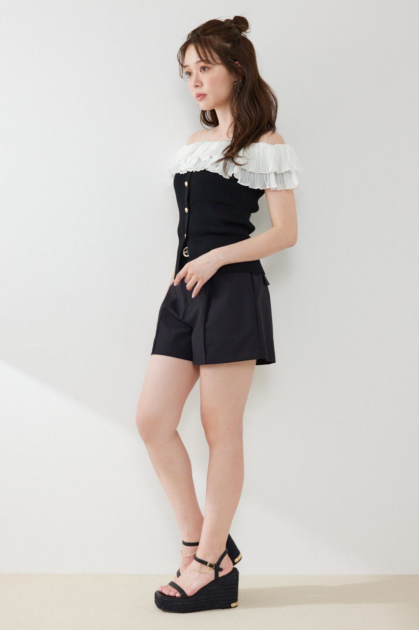 ベルト付きピンタックショートパンツ BLK S