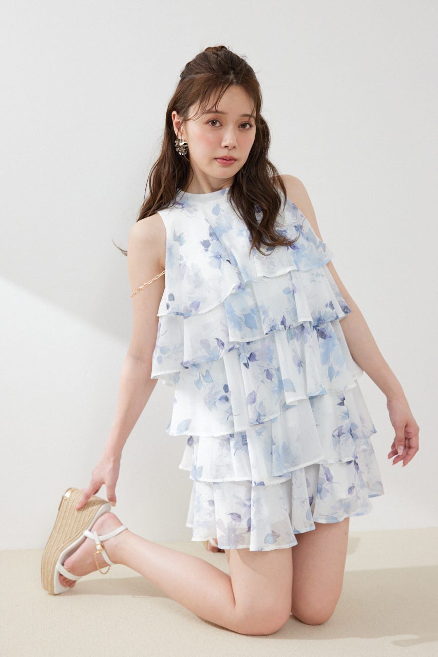 ティアードシフォンミニワンピース 柄WHT M