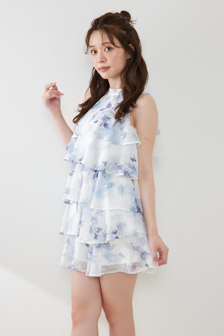 ティアードシフォンミニワンピース 柄WHT M