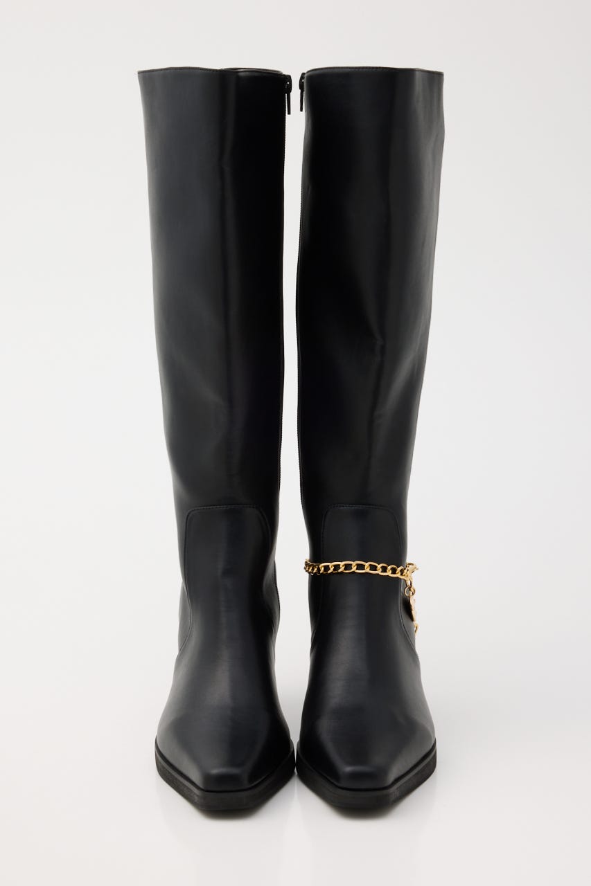 フェイクレザーフィットロングブーツ BLK S