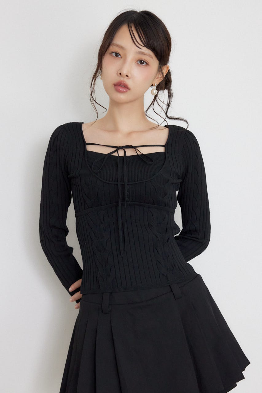ケーブルタイトニットトップス BLK FREE