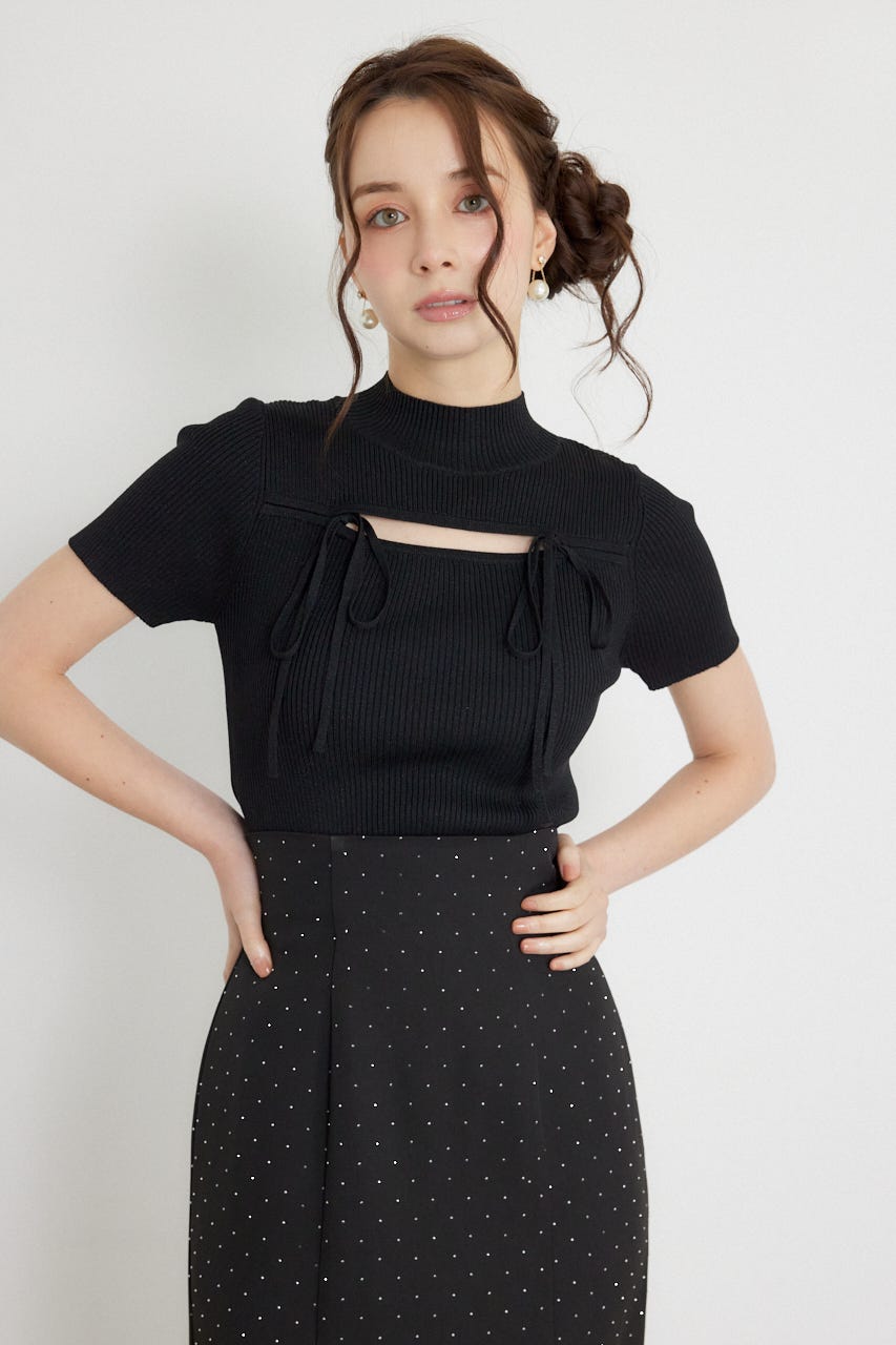 ウォッシャブルリボンハーフスリーブニットトップス BLK FREE