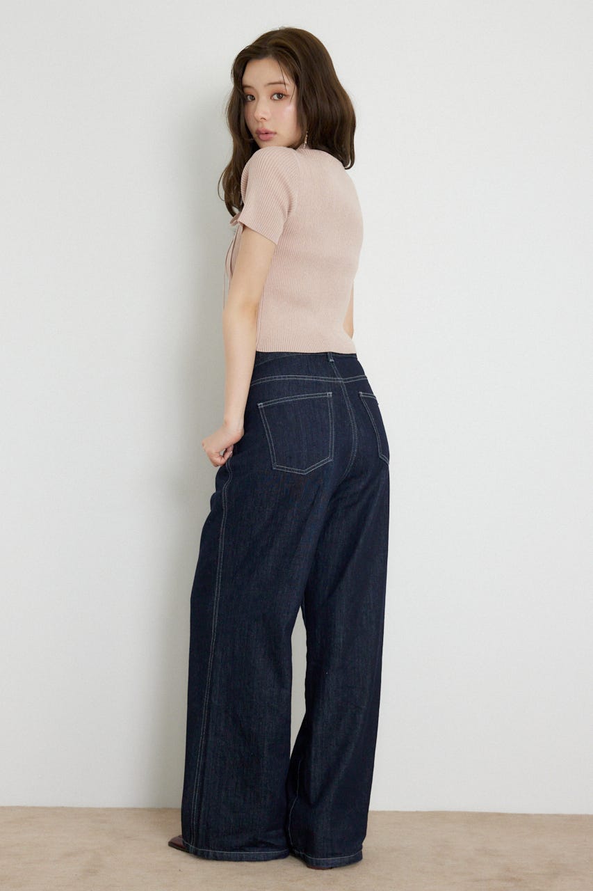 ウォッシャブルリボンハーフスリーブニットトップス PNK FREE