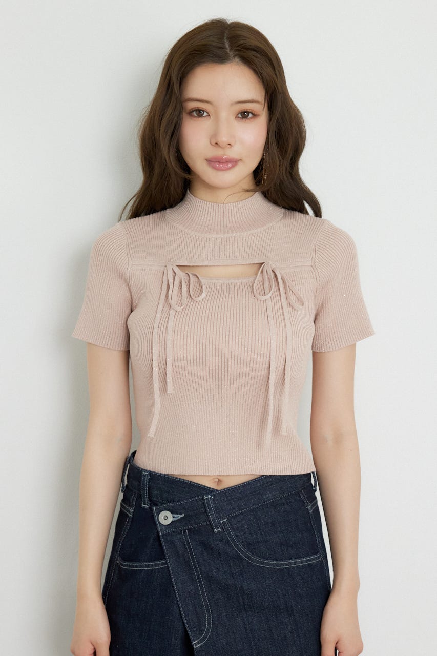 ウォッシャブルリボンハーフスリーブニットトップス PNK FREE