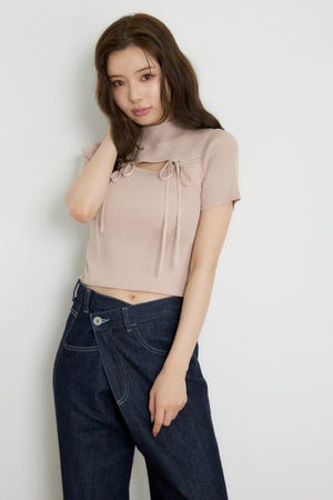 ウォッシャブルリボンハーフスリーブニットトップス