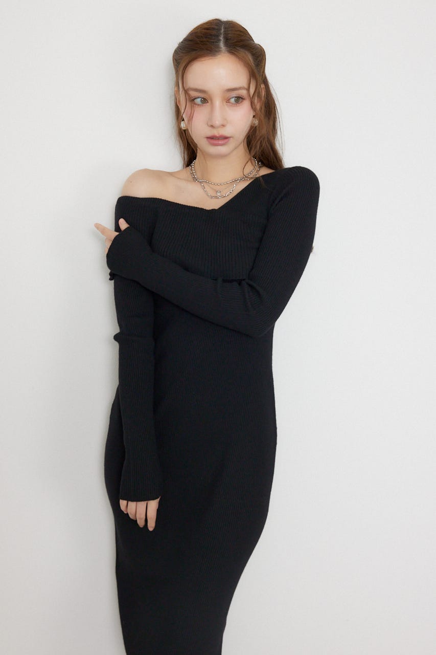 カシュクールワンショルダーニットタイトワンピース BLK FREE