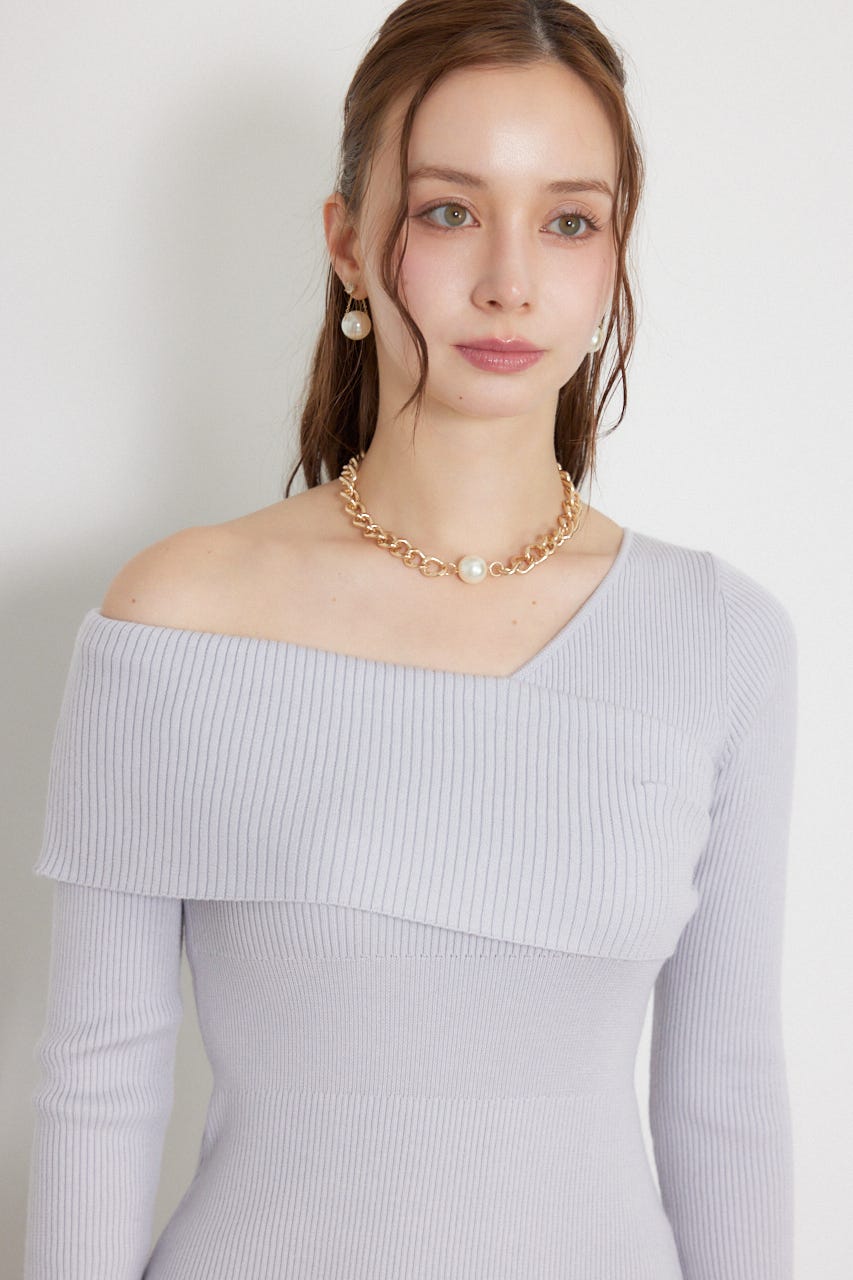 カシュクールワンショルダーニットタイトワンピース L/BLU FREE