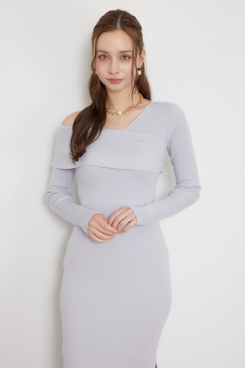 カシュクールワンショルダーニットタイトワンピース L/BLU FREE