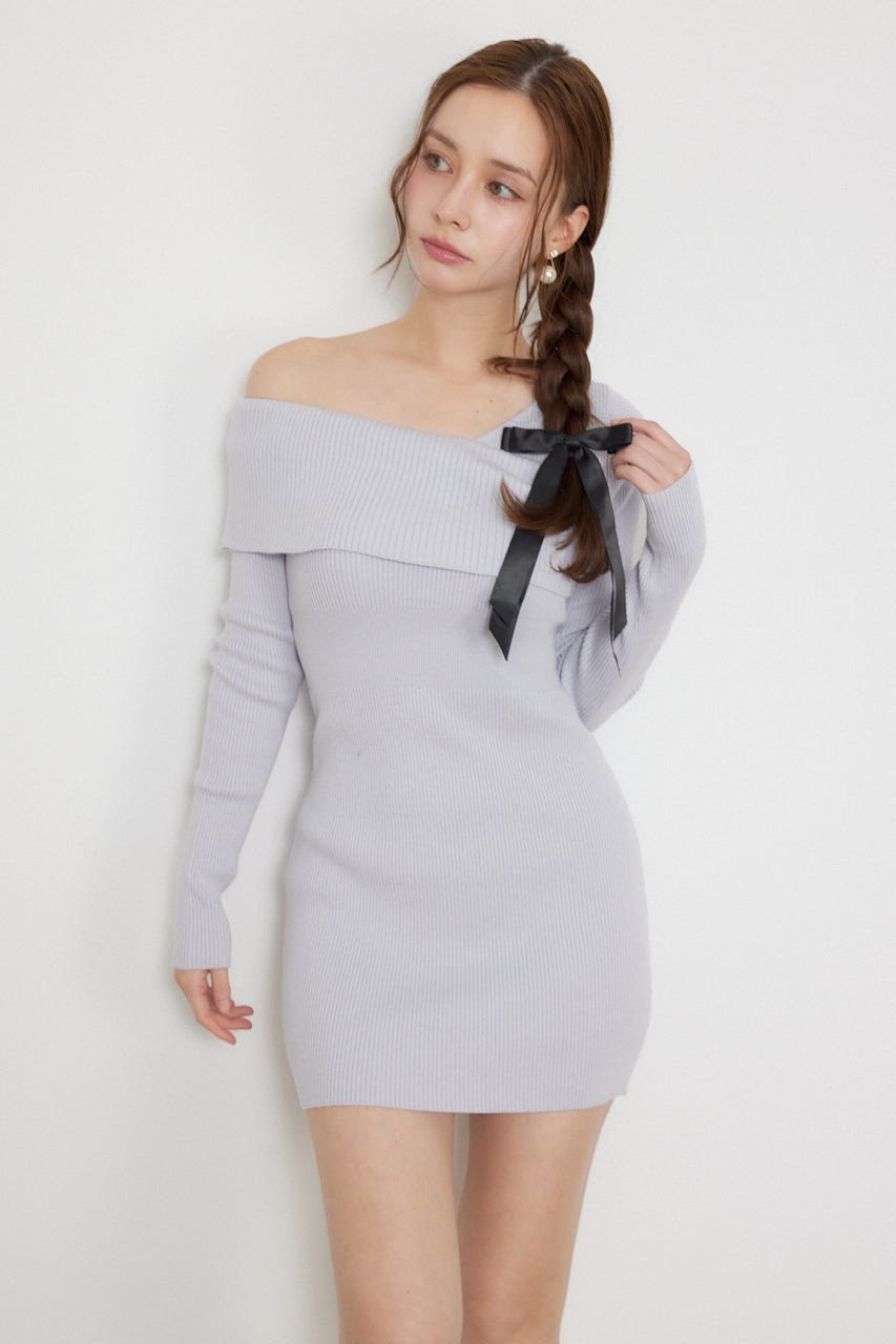 カシュクールワンショルダーニットタイトミニワンピース L/BLU FREE