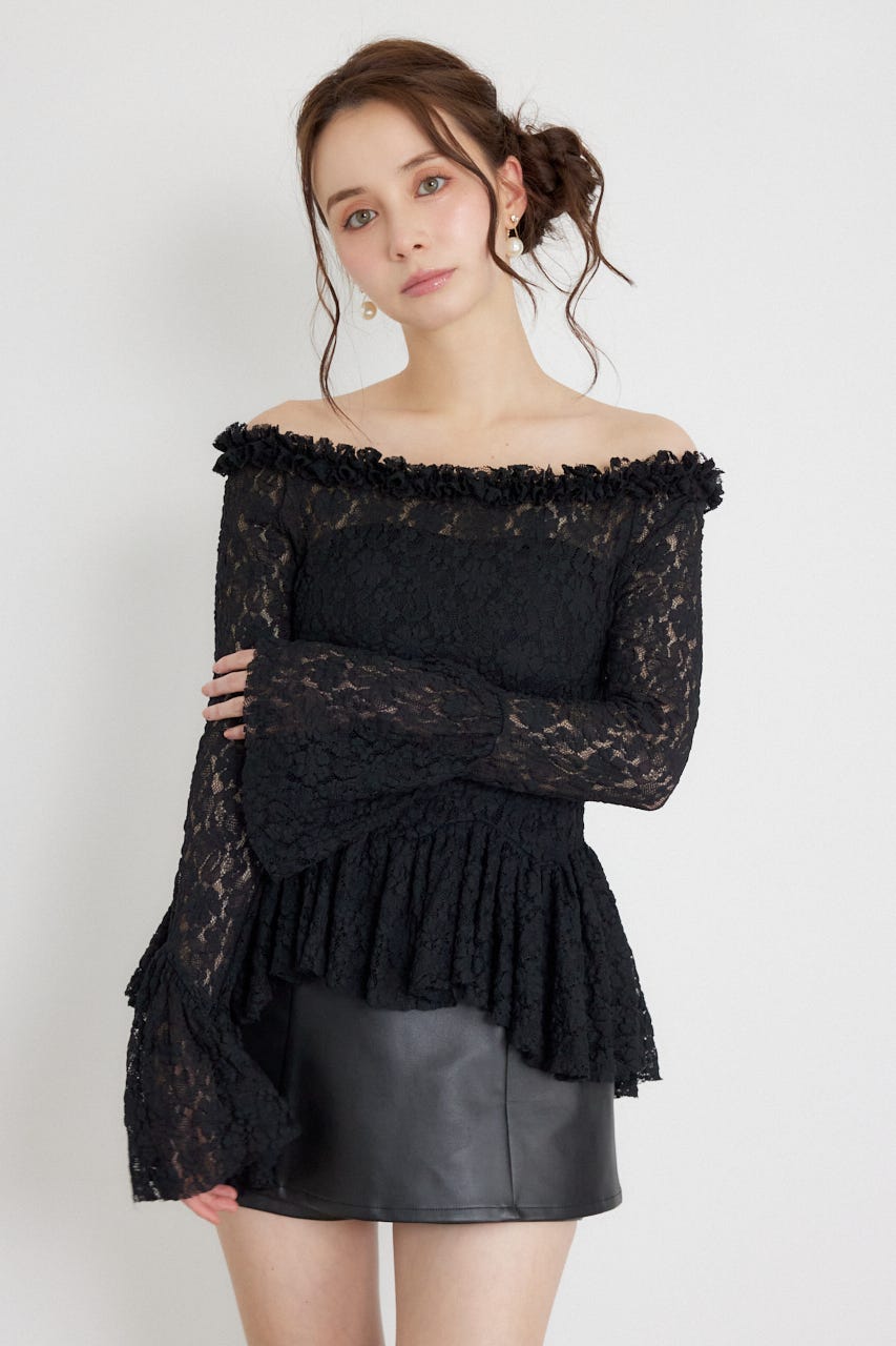 レースオフショルダーペプラムトップス BLK FREE