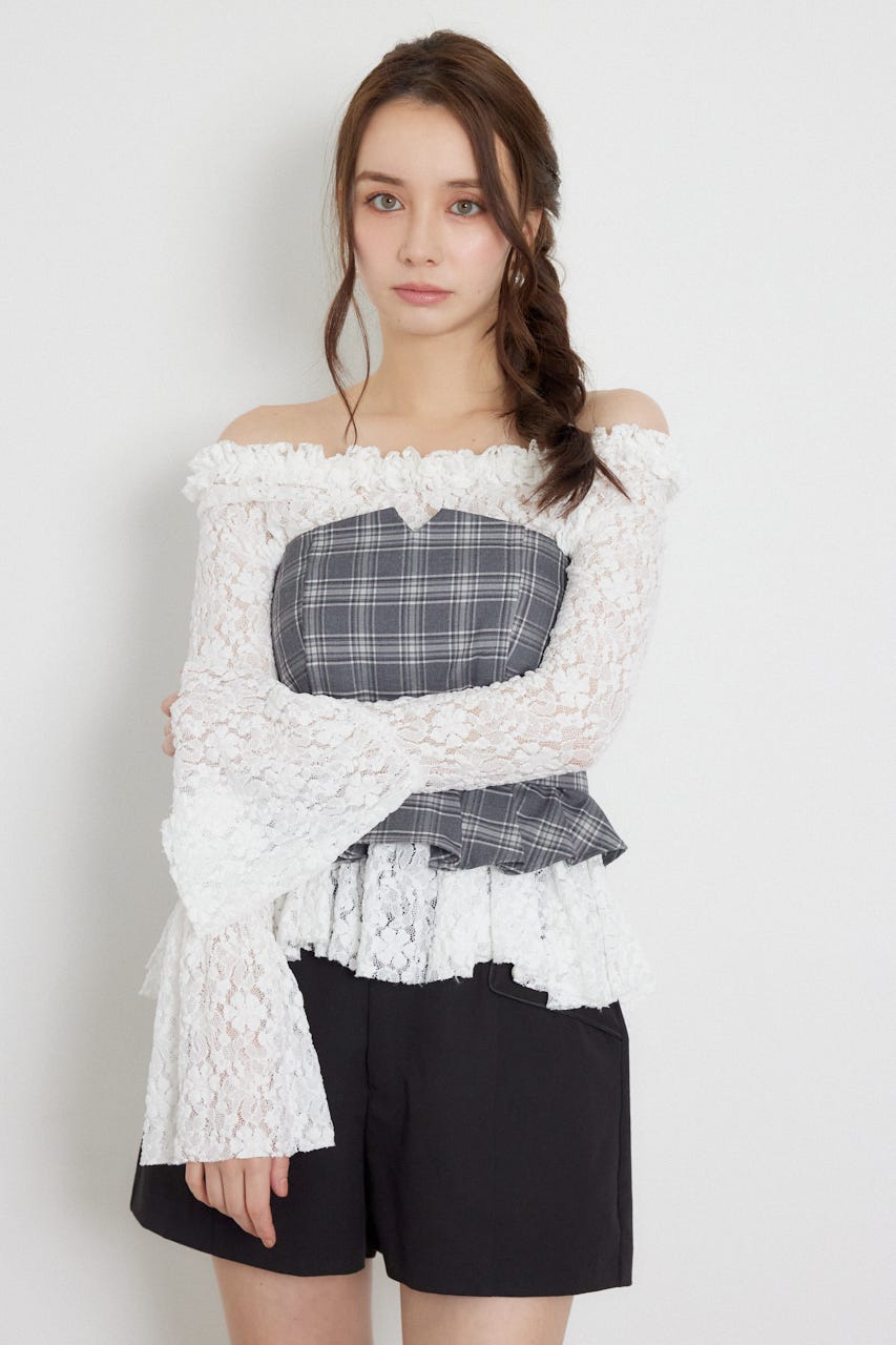 レースオフショルダーペプラムトップス WHT FREE
