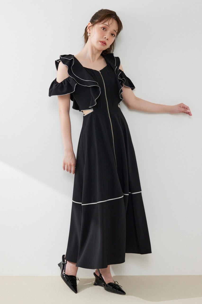 フロントジップフリルワンピース BLK S