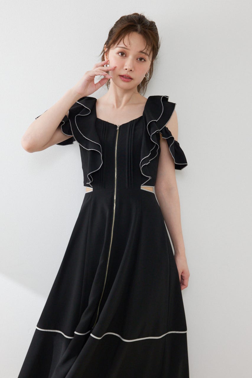 フロントジップフリルワンピース BLK S