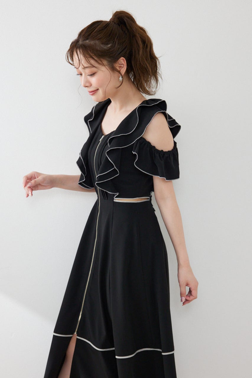 フロントジップフリルワンピース BLK S