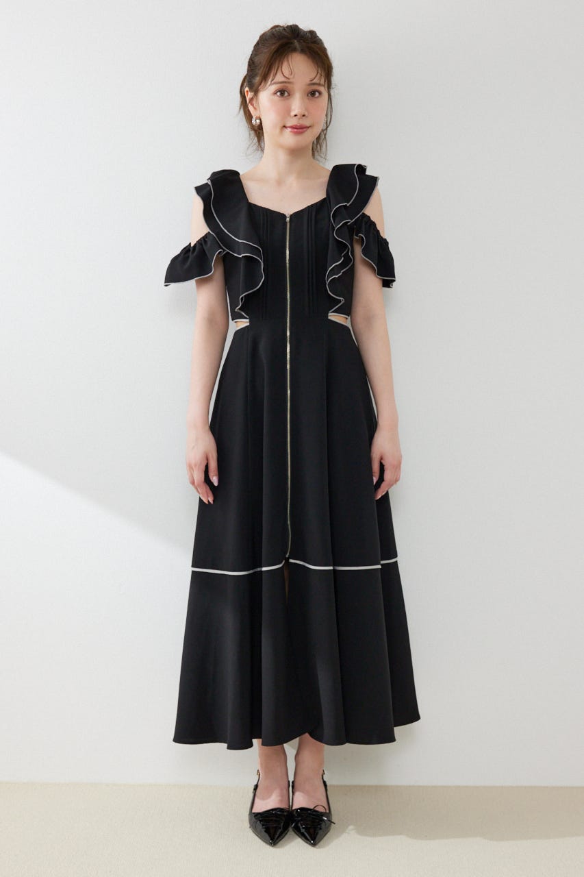 フロントジップフリルワンピース BLK S