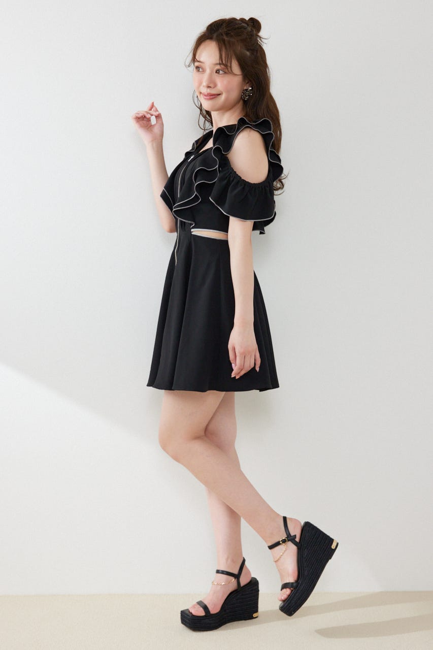 フロントジップフリルミニワンピース BLK M