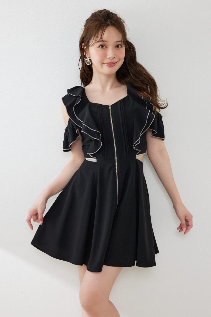 フロントジップフリルミニワンピース BLK M