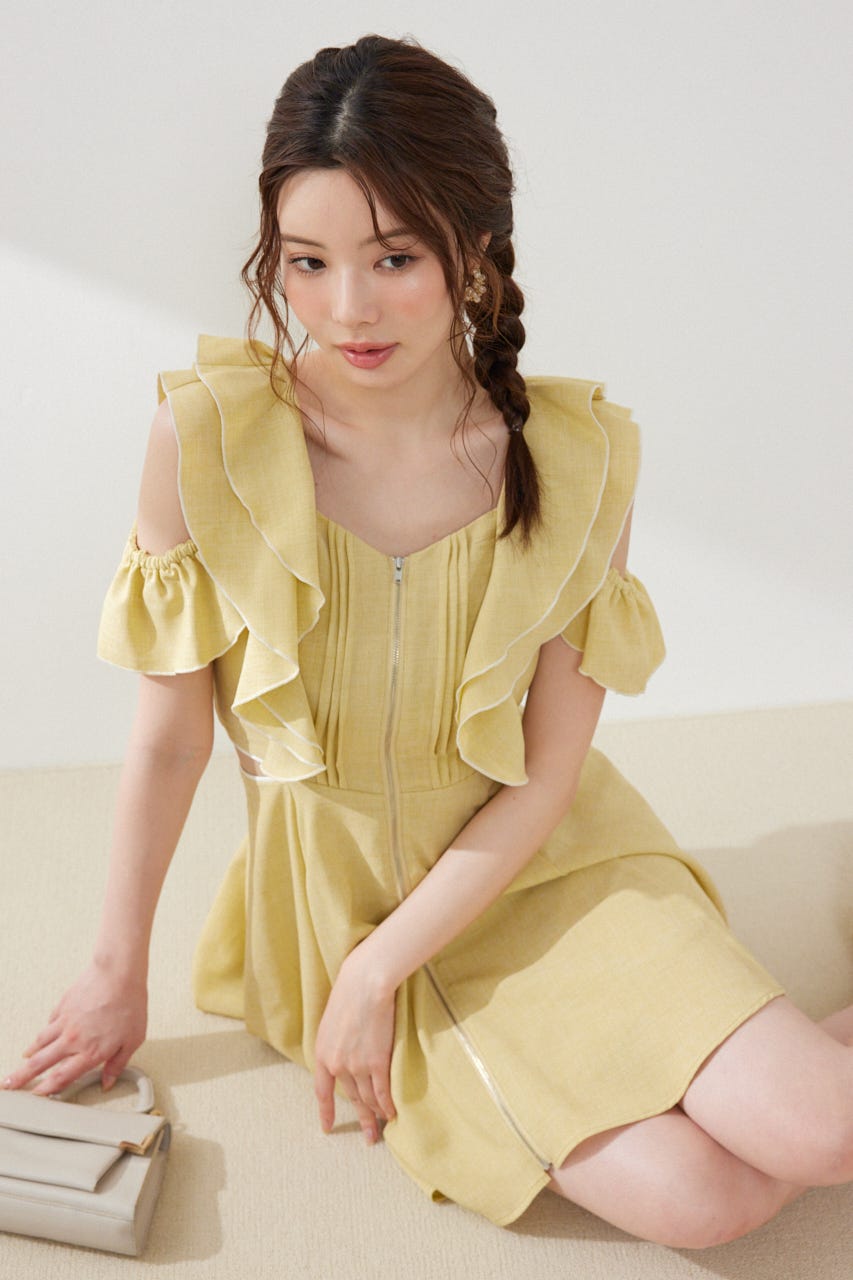 フロントジップフリルミニワンピース YEL M