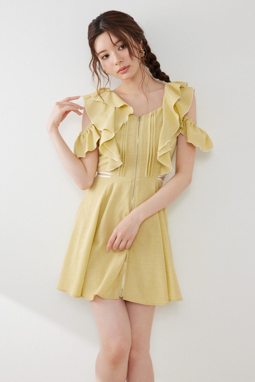 フロントジップフリルミニワンピース YEL M