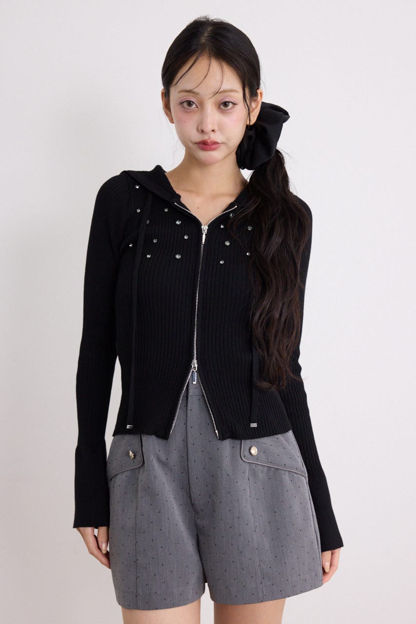 ビジューニットパーカートップス BLK FREE