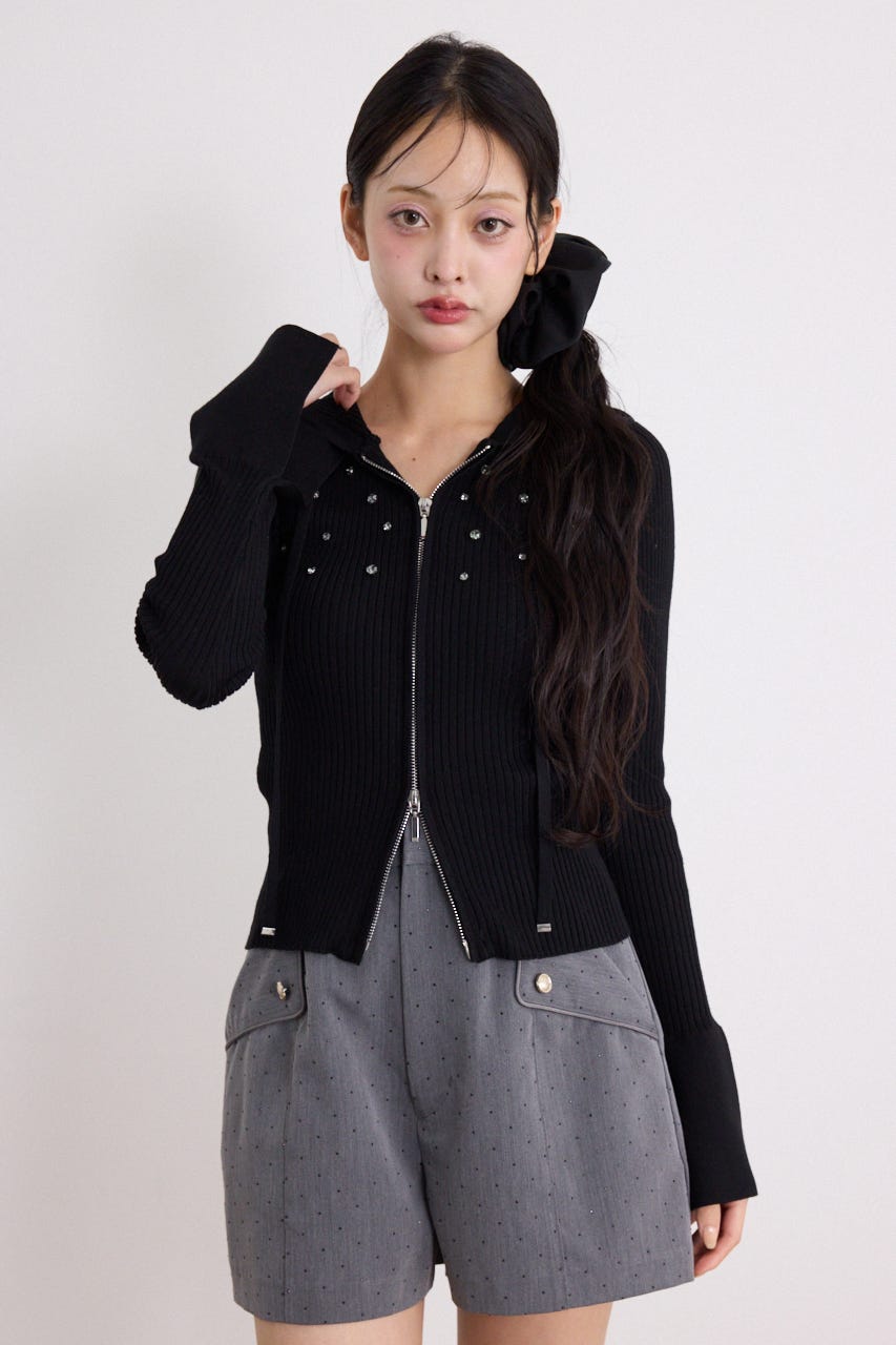 ビジューニットパーカートップス BLK FREE