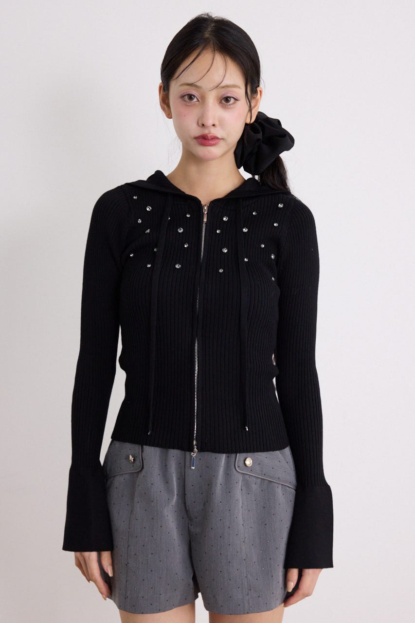 ビジューニットパーカートップス BLK FREE