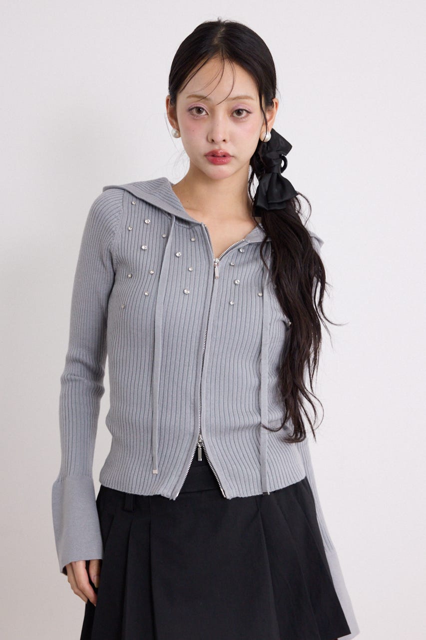 ビジューニットパーカートップス GRY FREE