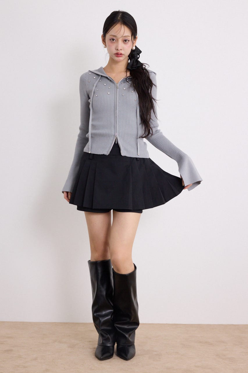 ビジューニットパーカートップス GRY FREE
