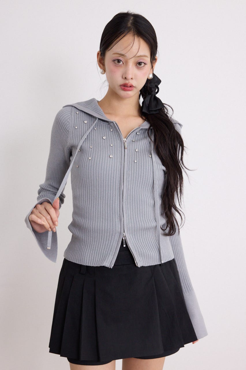 ビジューニットパーカートップス GRY FREE