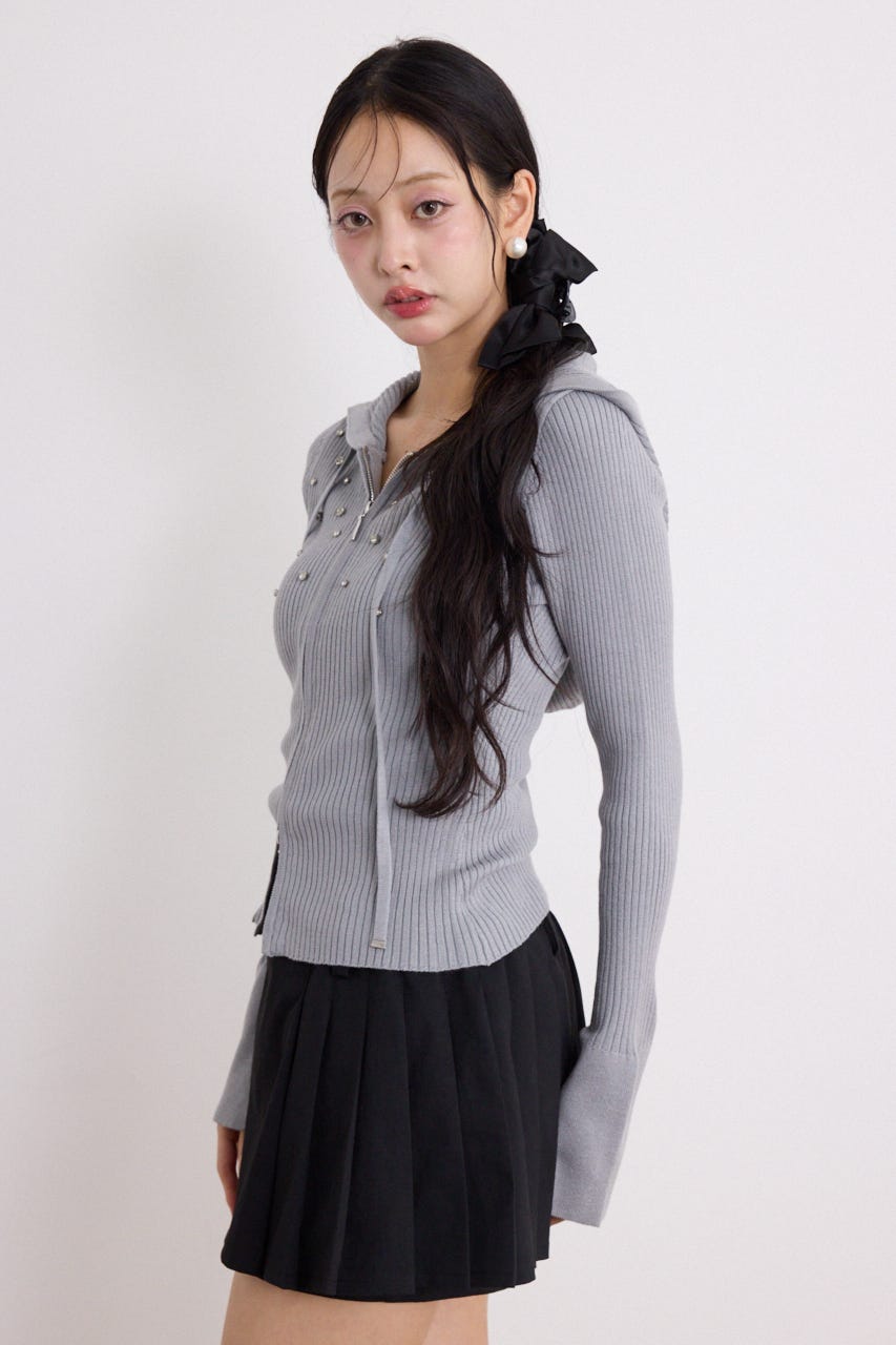 ビジューニットパーカートップス GRY FREE