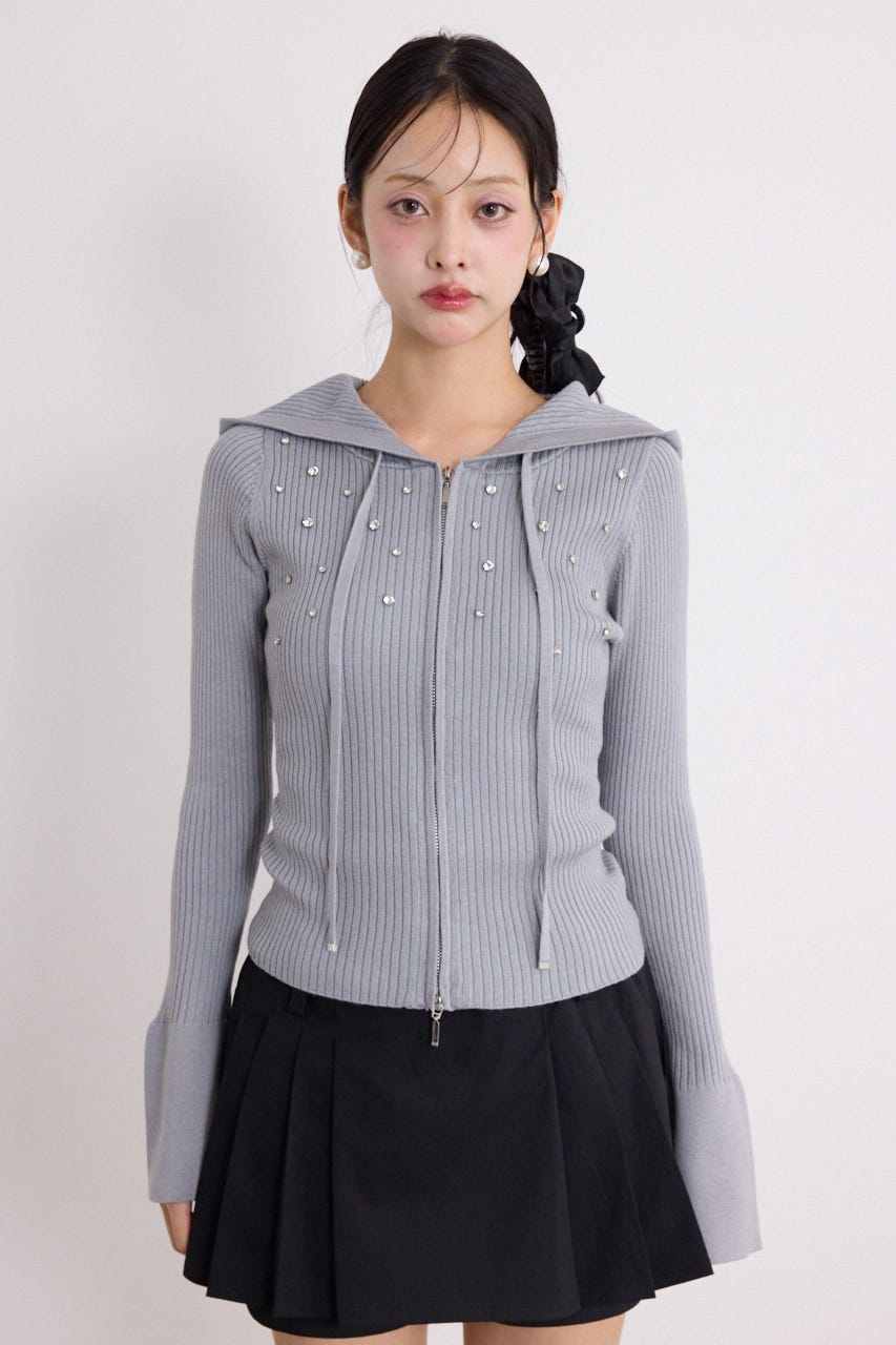 ビジューニットパーカートップス GRY FREE