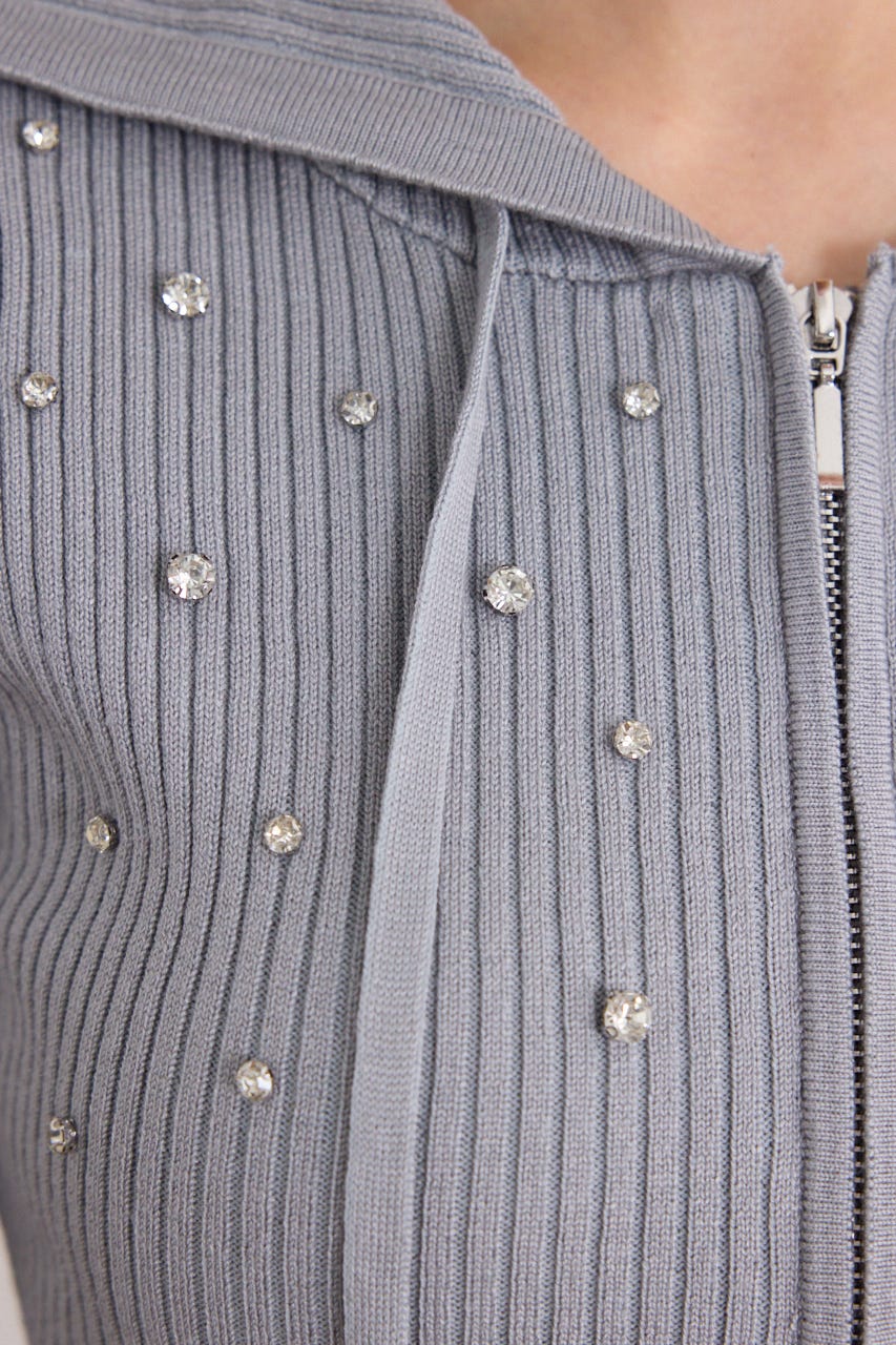 ビジューニットパーカートップス GRY FREE