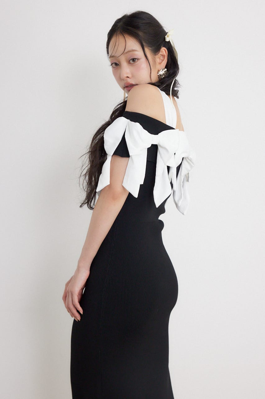 リボンタイトニットワンピース BLK FREE