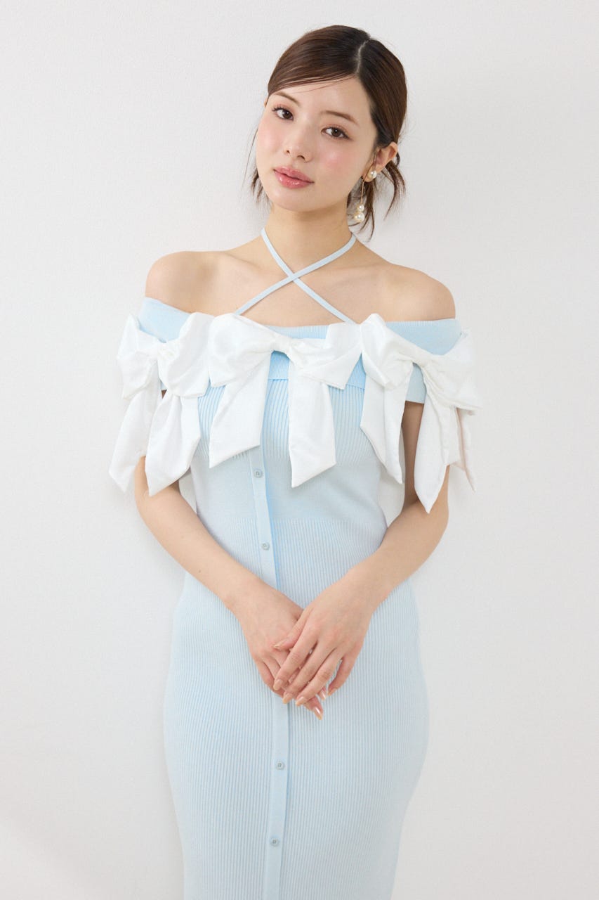 リボンタイトニットワンピース L/BLU FREE