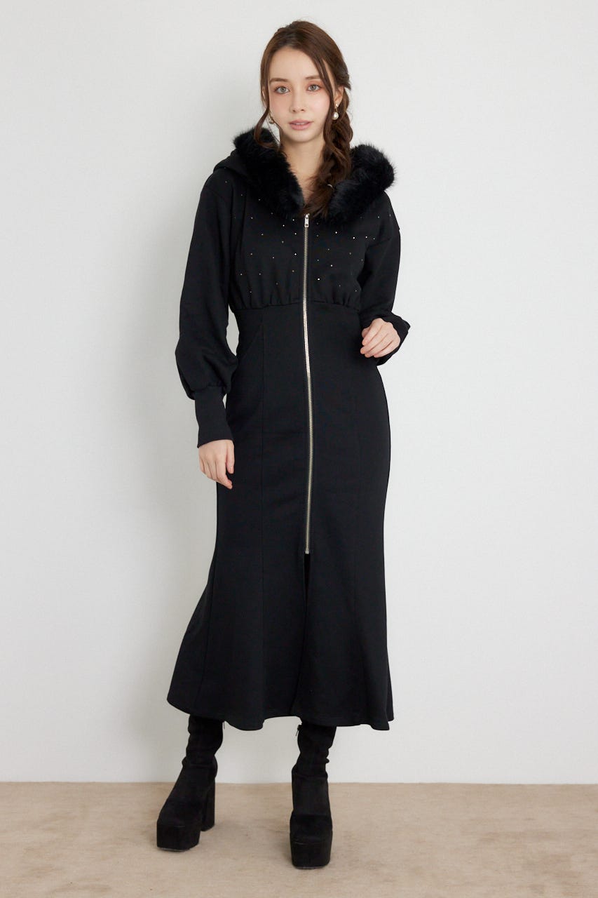 ショールカラーフードマーメイドカットワンピース BLK M