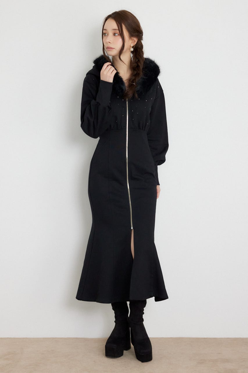 ショールカラーフードマーメイドカットワンピース BLK M