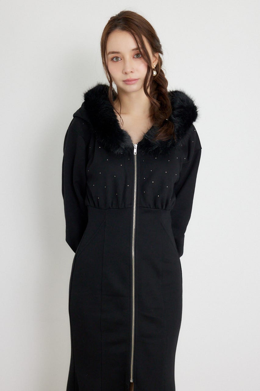 ショールカラーフードマーメイドカットワンピース BLK M