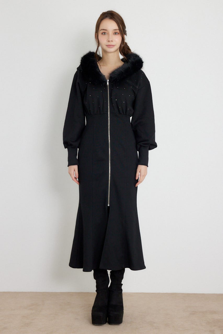 ショールカラーフードマーメイドカットワンピース BLK M